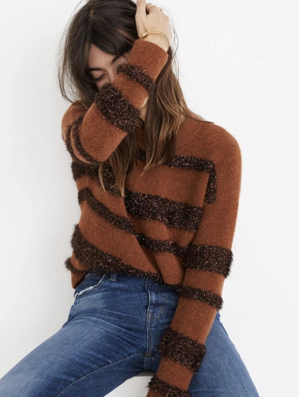 Madewell Alpaca Wool Blend Sparkle Metallic Tinsel Striped  Pullover Sweater S